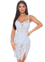 Women Summer Blue Floral Lace Slit Strap Mini Club Dress