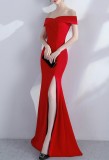 Women Summer Red Formal Off Shoulder High Slit Mermaid Evening Dress