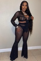 Spring Women Sexy Black Mesh See Through Bow Tied Long Sleeve Crop Top and High Wasit Beaded Flare Pants Nightclub Wholesale Two Piece Sets