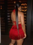 Summer Women Sexy Red Halter Backless Fringe Tassels Playsuit