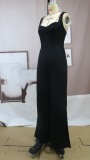 Spring Women Elegant Black Straps V-neck Slit Wide-legged Jumpsuit