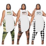 Summer Women Plus Size Printed O-neck Sleeveless Slim Slit Long Top and Brown Plaid Tight Pants Set Wholesale Two Piece Clothing
