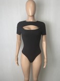 Summer Women Sexy Black Keyhole Round Neck Short Sleeve Slim Bodysuit