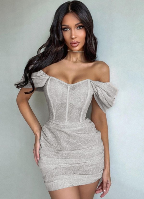 Summer Women Sexy Silver Off Sholder Short Sleeve Ruched Party Dress