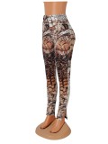 Spring Women Sexy Brown Snake Printed High Waist Slim Fit Leggings