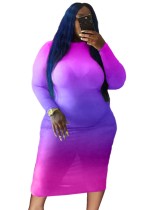 Spring Women Plus Size Purple Tie Dye O-neck Long Sleeve Slim Midi Dress