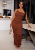 Spring Women Sexy Brown One Shoulder Sleeveless Ruched Long Party Dress