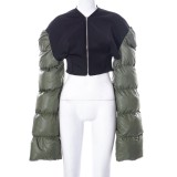 Winter Women Casual Oversize Green Bubble Sleeve Zipper Splicing Short Black Jacket
