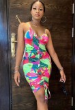 Summer Women Sexy Multicolor Printed V-neck Drawstring Ruched Straps Bodycon Dress