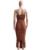 Spring Women Sexy Brown One Shoulder Sleeveless Ruched Long Party Dress