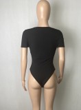 Summer Women Sexy Black Keyhole Round Neck Short Sleeve Slim Bodysuit