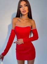 Spring Women Sexy Rhinestone Trim Red Off Shoulder Long Sleeve Bodycon Dress