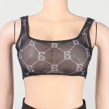 Spring Women Sexy Black Printed Mesh See Through Straps Crop Tank and High Waist Pants Wholesale Two Piece Sets