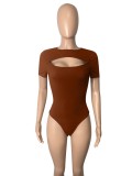 Summer Women Sexy Brown Keyhole Round Neck Short Sleeve Slim Bodysuit