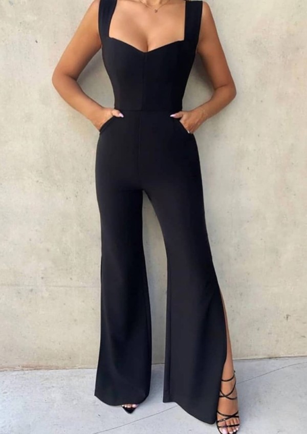 Spring Women Elegant Black Straps V-neck Slit Wide-legged Jumpsuit