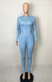 Spring Women Sexy Blue Joint Round Neck Long Sleeve Sim Fit Jumpsuit
