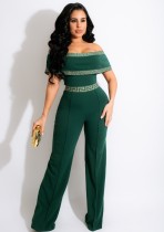 Spring Women Elegant Green Band Trim Off Shoulder Wide-leggged Formal Jumpsuit