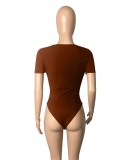 Summer Women Sexy Brown Keyhole Round Neck Short Sleeve Slim Bodysuit