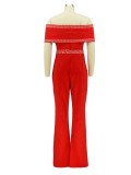 Spring Women Elegant Red Band Trim Off Shoulder Wide-leggged Formal Jumpsuit