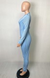 Spring Women Sexy Blue Joint Round Neck Long Sleeve Sim Fit Jumpsuit