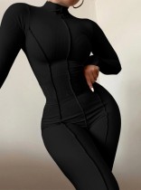 Spring Women Sexy Black Joint Round Neck Long Sleeve Sim Fit Jumpsuit