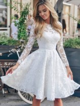 Spring Women Elegant White Overall Lace O-neck Long Sleeve Puffy Short Bridal Wedding Dress