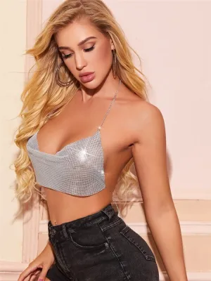 Summer Women Sexy Bling Bling Silver Metal Chain Backless Nightclub Tube Top