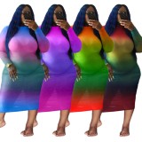 Spring Women Plus Size Purple Tie Dye O-neck Long Sleeve Slim Midi Dress