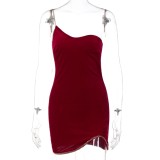 Summer Women Sexy Red Velvet Chain Single Strap Slim Fit Party Dress