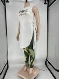 Summer Women Plus Size Printed O-neck Sleeveless Slim Slit Long Top and Green Printed Tight Pants Set Wholesale Two Piece Clothing