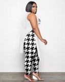 Summer Women Plus Size Printed O-neck Sleeveless Slim Slit Long Top and White Plaid Tight Pants Set Wholesale Two Piece Clothing