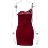 Summer Women Sexy Red Velvet Chain Single Strap Slim Fit Party Dress