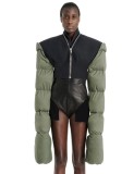 Winter Women Casual Oversize Green Bubble Sleeve Zipper Splicing Short Black Jacket