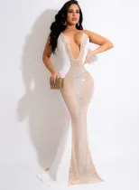 Spring Women Sexy White Rhinestone Beaded See Through Plunge V-neck Straps Mermaid Evening Dress