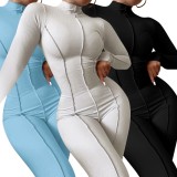 Spring Women Sexy White Joint Round Neck Long Sleeve Sim Fit Jumpsuit