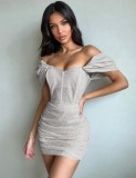 Summer Women Sexy Silver Off Sholder Short Sleeve Ruched Party Dress