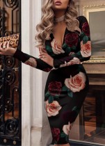 Spring Women Elegant Floral Printed V-neck Long Sleeve Slim Fit Formal Midi Dress