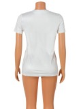 Summer Women Casual White Printed Round Neck Short Sleeve Basic T-shirt