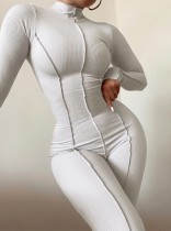 Spring Women Sexy White Joint Round Neck Long Sleeve Sim Fit Jumpsuit