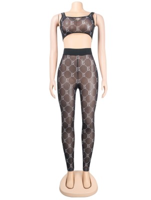 Spring Women Sexy Black Printed Mesh See Through Straps Crop Tank and High Waist Pants Wholesale Two Piece Sets