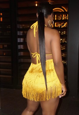 Summer Women Sexy Yellow Halter Backless Fringe Tassels Playsuit