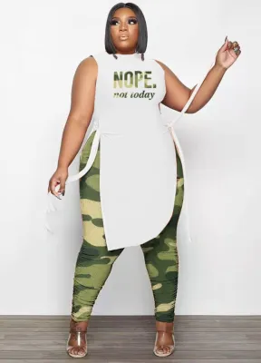 Summer Women Plus Size Printed O-neck Sleeveless Slim Slit Long Top and Green Printed Tight Pants Set Wholesale Two Piece Clothing