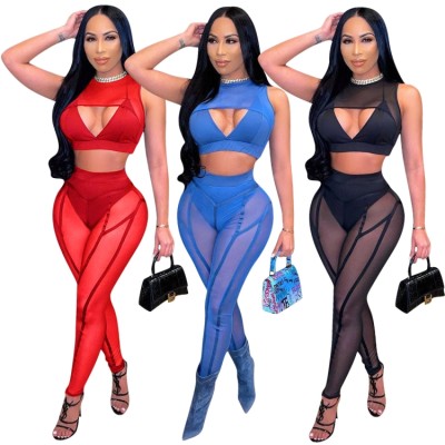 Summer Sexy Blue See Through Sleeveless Cut Out Crop Top And Pant Wholesale Two Piece Sets