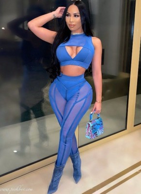 Summer Sexy Blue See Through Sleeveless Cut Out Crop Top And Pant Wholesale Two Piece Sets