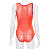 Summer Sexy Red Mesh See Through Cut Out Sleeveless Bodysuit