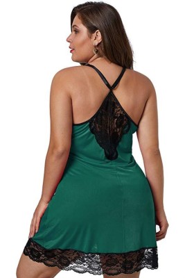 Summer Plus Size Green Straps V Neck With Sexy Lace Mini Dress Lingerie