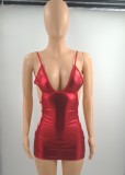 Summer Sexy Red Pu Coating Sleeveless Backless Bandage Mini Dress (With G-String)