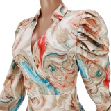 Spring Fashion Print Turndown Collar Puffed Long Sleeve Shirt Dress
