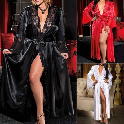 Spring Plus Size Sexy Red Lace Satin Long Sleeve Robe Long Dress Lingerie