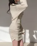 Spring Sexy Beige Rib V Neck Off Shoulder Long Sleeve Mini Dress